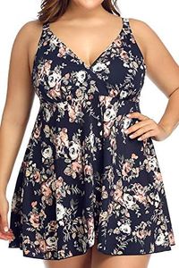 PERONA Women's Swimdress Plus Size Swimwear One Piece Swimsuit Floral Print Bathing Suit, Anna, 30