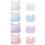 Molans 4 Sets Newborn Hat, Cotton Baby Hat Girls Baby Beanie Infant Hat for 0-3 Months Baby Girls (Hat, Mittens)