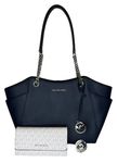 Michael Kors MICHAEL Michael Kors Jet Set Travel Large Chain Shoulder Tote bundled with Travel Trifold Wallet, Purse Hook, and Skinny Scarf (Navy/SIgnature MK Bright White), Navy/Signature Mk Bright