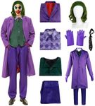 Joker Costume Men's Clown Cosplay Outfit Joker Coat with Vest Shirt Trousers Tie Glove Wig 8 Pieces Deluxe Set Accessories Carnival Men Villain Costumes for Adults Halloween Suit C045-3XL