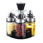 Mlici Oil and Vinegar Dispenser Set of 6 Bottles, Stainless Steel Salt and Pepper Holder with 360° Rotating Holder, Cruet Soy Sauce Dispenser - Premium Glass Condiment Set for Kitchen, Tabletop