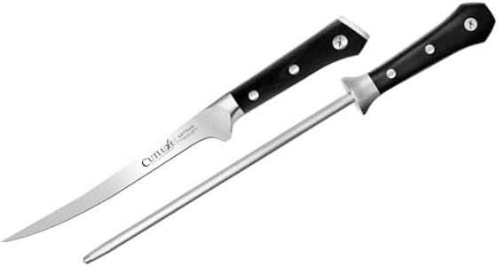 Cutluxe 7" Fillet Knife for Fish & Meat with 10" Honing Rod - Flexible High Carbon German Steel, Full Tang Ergonomic Handle Design