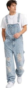 Huang's Mens Jean Overalls Baggy Loose Fit Vintage Washed Denim Bib Overalls with Adjustable Straps Distressed Wide Leg Retro Streetwear Casual Daily Jumpsuit for Men