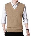 KUYIGO Men's Sleeveless Jumpers Tank Top V Neck Sweater Vest with Ribbed Edge M Khaki