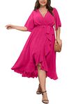 SCOMCHIC Women Plus Size Maxi Dress Short Sleeve Wrap V Neck High Low Split Ruffle Long Dress, Hot Pink, 3XL Plus