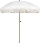 AMMSUN 7ft Patio Umbrella with Fringe Outdoor Tassel Umbrella UPF50+ Premium Steel Pole and Ribs Push Button Tilt, White Cream