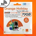 Preloaded Orange Travel Sim Card Now with 70GB of 5G Data, Unlimited Calls & Texts in Europe, 120 mins + 1000 SMS from Europe to Worldwide (Lasts for 28 Days). Tethering Allowed