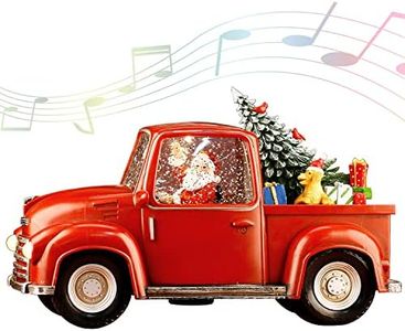 Lighted Vintage Red Truck Decor, 11.3" Musical Christmas Snow Globe with Swirling Glitter, Santa Claus in Truck Car Model, Light-Up Christmas Decorations Indoor for Home, Gifts and Holiday Decor