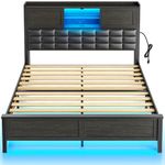 Rolanstar Bed Frame Queen Size with Charging Station, Bookcase Headboard Bed with LED Light and Sliding Doors, Platform Bed with Wooden Slats, No Box Spring Needed, Noise Free, Black