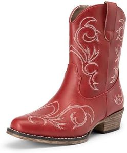 DREAM PAIRS Women's Cowboy Cowgirl Western Boots Embroidered Stitched Ankle Boots Square Toe Chunky Heel Fashion Short Booties with Zipper,Size 6,Red,DWUMAB2511