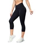 ShinyStar High Waisted Capri Leggings for Women with Hidden Pocket Crossover Waist 3/4 Length Yoga Pants Workout Running Gym Black M