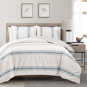 Lush Decor Farmhouse Stripe 3 Piece Duvet Cover Set, Full/Queen, Blue