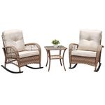 ATR ARTTOREAL 3-Pieces Garden Rocking Bistro Set,Patio Rattan Conversation Furniture Set with PE Resin Hand-woven Wicker,Set of 2 Rocking Chairs and Tempared Glass Coffee Table