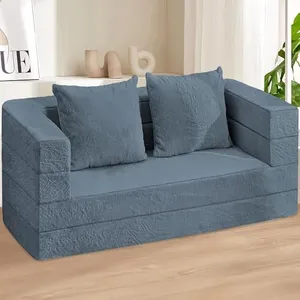 Cansunna Folding Bean Bag Chair for Adults,3-in-1 Bean Bag Couch Faux Fur Floor Sofa Large Foam Beanbag Convertible Bean Bag Sofa Bed with Pillow in Bedroom,Living Room,Apartment-Large, Blue Gray