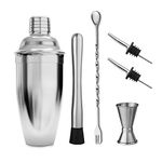 Cocktail Shaker Set, 25 oz Stainless Steel Cocktail Shaker with Strianer,Jigger,Muddler, Mixing Spoon,2 Pourers, Professional Kit Gift (6pcs Drink Mixer Bartender Kit)