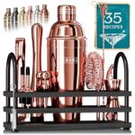 BARE BARREL® Cocktail Making Kit | 14-Piece Bartender Kit Cocktail Shaker Set Maker | Display Stand & 35 Recipe Cards | Mixology Cocktail Gift Set (675ml/24oz Cobbler Shaker, Rose/Black)