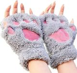 Cat Claw Gloves Plush Half Finger Bear Paw Fingerless Mittens Cute Thick Warm, Gray, Large