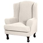 H.VERSAILTEX 2 Piece Stretch Jacquard Wingback Chair Covers Slipcovers Wing Chair Covers (Base Cover Plus Seat Cushion Cover) Furniture Covers for Wingback Chairs, Form Fitted Thick Soft, Ivory