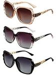 3 Pieces Women Polarized Oversized Sunglasses Shiny Composite Frame Sunglasses Vintage Rhinestone Glasses