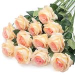 Mocoosy 12PCS Artificial Roses Fake Flowers for Decoration, Champagne Silk Roses Single Stem Flowers Artificial Bouquet for Wedding Valentines Birthday Party Arrangment Centerpiece Home Table Decor