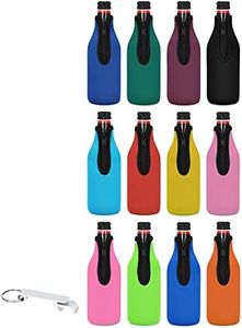 12 Pack Beer Bottle Cooler Sleeves Keep Drink Cold Zip-up Extra Thick Neoprene Insulated Sleeve Cover with Bottle Opener（12 Pack, Multi)