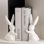 Decorative Ceramic Book Ends, Quirky Rabbit Bookends, Bunny Ornaments Book Holders Stopper for Shelves Art Bookend - White