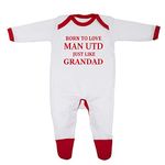 'Born To Love Man Utd Just Like Grandad' Baby Boy Girl Bibs Made in the UK Using 100% Fine Combed Cotton (12-18 Months, White/Red Trim)