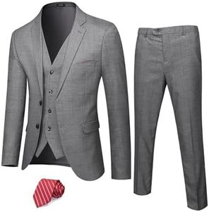 YND Men's Slim Fit 2 Button 3 Piece Suit Set, Blazer Jacket Vest Pants and Tie, Solid Wedding Dress Tux and Trousers Light Grey - Red Plaid