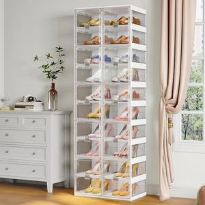 BROVIEW Shoe Boxes Thicken Plastic Shoe Display Shelf, Large Collapsible Shoe Rack, Folding Sneaker Shoe Storage Organizer Bin with Clear Doors for Entryway Closet, 10 Tier 20 Pairs