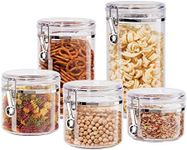 Oggi 5pc Clear Canister Set with Clamp Lids Airtight Containers in Sizes Ideal for Kitchen & Pantry Storage of Bulk, Dry Foods Including Flour, Sugar, Coffee, Rice, Tea, Spices & Herbs, Clear