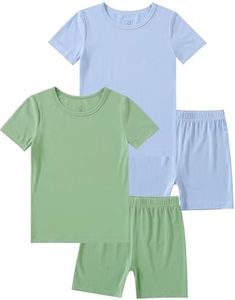 JunNeng Bamboo Viscose Toddler Pajamas,Baby Boy Girl Solid Snug Fit Short Sleeve Summer Sleepwear PJS,Green+Blue 6-7 Years
