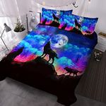 BlessLiving Wolf Bedding Set Moon Wolf Bed Set Double Duvet Cover Galaxy Wolf Bedding Blue 3 Pcs, Boys and Girls Kid Double Size Wolf Bedspreads with 2 Pillowcases