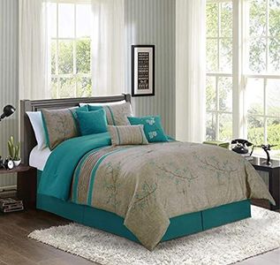 Chezmoi Collection Noriko Luxury 7-Piece Teal Cherry Blossoms Floral Embroidery Bedding Comforter Set, Full