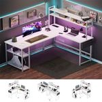 Flamaker L Shaped Gaming Desk with LED Lights & Power Strips, 120x160cm Reversible Corner Computer Desk with Storage Shelf and Hutch, Home Office Desk, White