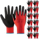 Velway 12 Pairs Safety Work Gloves - Firm Grip Gardening Gloves Non-Slip PU Coated Lightweight Breathable Protective Mechanic Builders Working Gloves Men Women for General Duty Work Red (Size 10/XL)