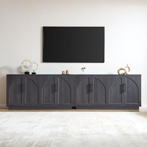 Fatmok 59" Sideboard Buffet Cabinet & TV Stand Set of 2, Modern Arched Credenza with Adjustable Shelves and Long Metal Handles, Wood Console Coffee Bar Storage for Living Room, Black Grey