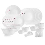 Cello Opalware Dazzle Series Lush Fiesta Dinner Set, 35 Units | Opal Glass Dinner Set for 6 | Light-Weight, Daily Use Crockery Set for Dining | White Plate and Bowl Set