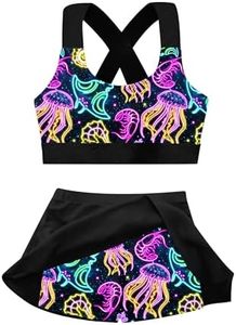 Cutemile Girls Bathing Suit Size 8 Neon Swimsuit with Skirt Tankini 2 Piece Swimwear Black 8-9 Years
