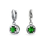 Luck of the Irish Celtic St Patrick's Day Shamrock Four Leaf Emerald Green CZ Clover Drop Dangle Earrings For Women Graduation .925 Sterling Silver Lever back