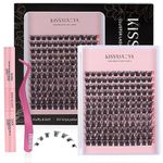 Cluster Eyelash Extensions Kit, 144Pcs D Curl Mix 9-15mm Invisible Bottom Wide Stem Lashes with Lash Bond & Seal & Applicator, Soft Natural False Eyelashes, DIY Individual Lashes at Home (T02 Kit)