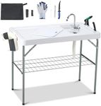 Dragosum Outdoor Sink Fish Cleaning Table Portable Camping Table with Faucet Hose Hook Up Grid Rack, Fish Fillet Camping Sink Table with 7pc Fish Cleaning Kit for Picnic Beach Patio(Grey)