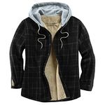 Derbars Men's Cotton Plaid Shirts Jacket Fleece Lined Flannel Shirts Sherpa Button Down Jackets with Hood for Men, Black Block, Medium