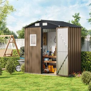 MistMo 6X4FT Outdoor Steel Storage Shed with Lockable Doors, One Window,Ideal for Garden, Backyard, Patio Storage,Brown