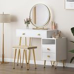SDHYL Vanity Desk Set,Vanity Desk with Mirror and Lights,Makeup Vanity with Circular Swivel Mirror,White Dressing Table with Lots Storage, 3 Lighting Modes,soft cushioned stool for Bedroom,Big