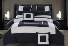 Luxton Gabii Navy Blue Quilt Cover Set, Queen Size 3pcs Bordered Hotel-Style Pattern Doona Cover Set (Queen)