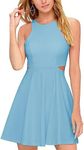 BELONGSCI Women 2023 Sweet and Cute Sleeveless Racerback Flared Swing A-Line Waist Hollow Out Summer Short Dress, Sky Blue-8812, Small