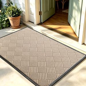 WELDUN Front Door Mat, Heavy Duty Waterproof Rubber Doormat for Indoor Outdoor, Non-Slip Low Profile Dirt Trapper Absorbent Mat for Entryway, Stain Fade Resistant Easy Clean 73"x46", Beige