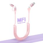 USB C and Lightning Cable 4 in 1 PD 60W/27W Fast Charging [MFi & Data Sync] CarPlay & Android Auto Coiled Lightning Cable-Retractable iPhone Charger Cord for iPhone/Pad/Android/Laptop,Pink