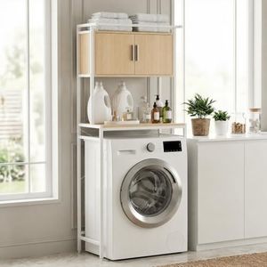 APICIZON Waschmaschinenschrank, Waschmaschinenregal mit Handtuchhalter, Toilettenregal mit Schrank Verstellbarer Ablage, 67 × 40 × 165 cm, für Badezimmer, Küche, Balkon, Natürlich & Weiß