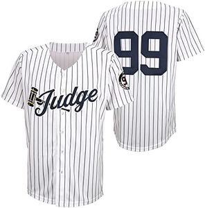 Hammer of Judge Men's 99 Baseball Jersey Embroidered Patches Sewn White Short sleeve Jersey with Navy Stripes (S, White)